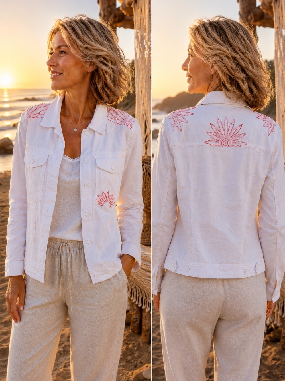 C&C California Linen Blend Embroidered Jacket White Pink Sunburst Coastal Boho S